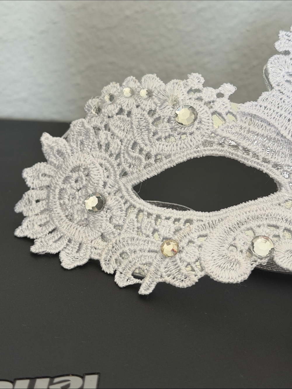 White Lace Masquerade Mask with Rhinestones - Picture 4 of 5